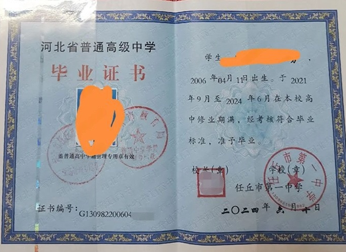 梅江任丘市第一中学高中毕业证样本图片